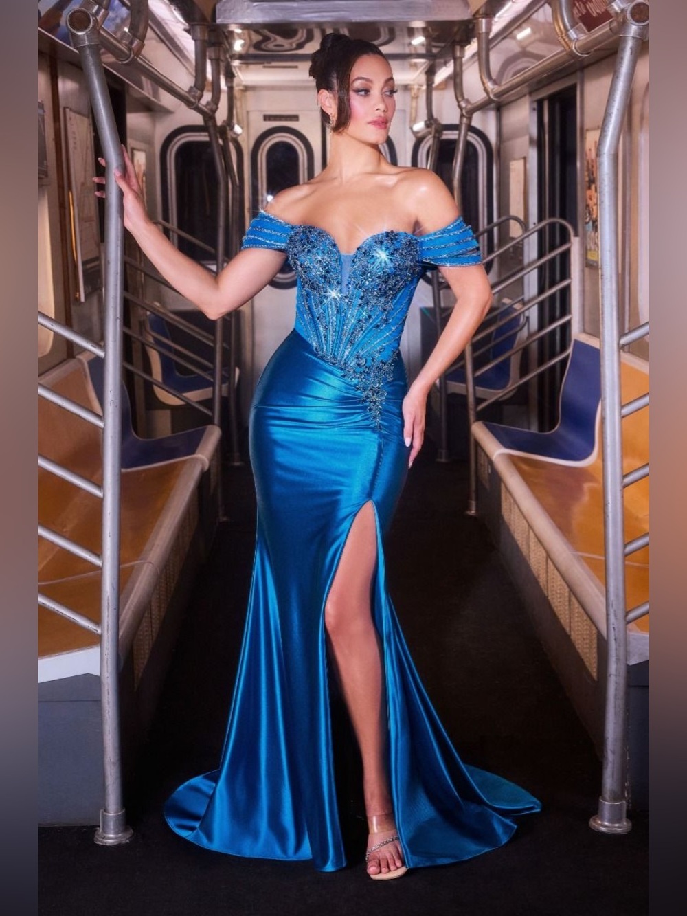 Off-Shoulder Blue Evening Gown with Beaded Bodice